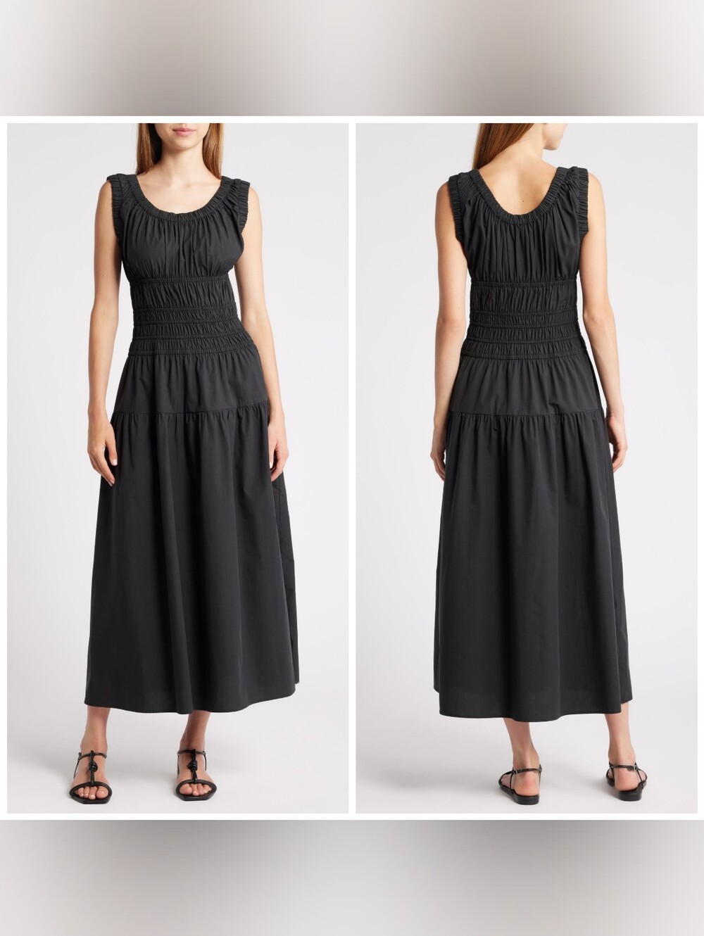 Rails Anastasia Shirred Sleeveless Maxi Dress Poplin Cotton, XS, Round Neck Midi
